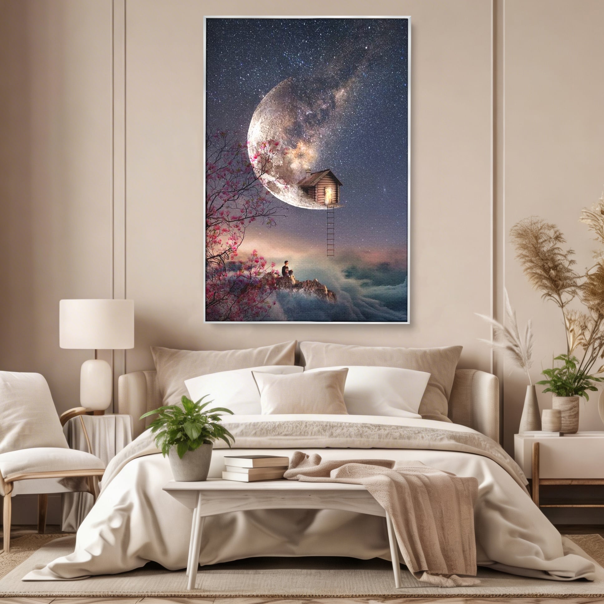 Tablou canvas cu ilustratie digitala cu casa pe luna, in rama de aluminiu argintiu, pe perete intr-un dormitor